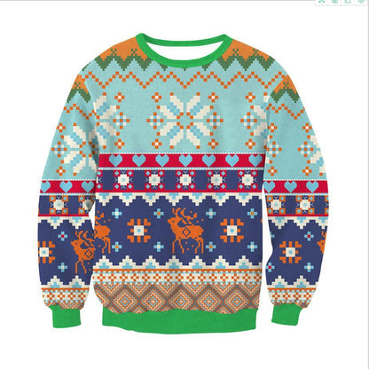 Mixed Color Elk Christmas Digital Printing Sweater Long Sleeve Coat