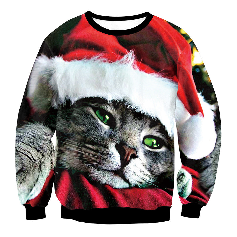 Mixed Color Elk Christmas Digital Printing Sweater Long Sleeve Coat