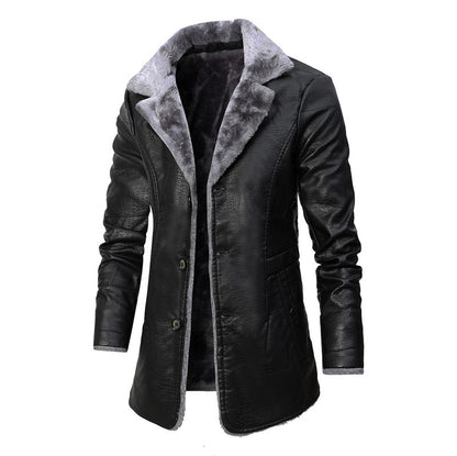 Plush Lapel Leather Jacket Winter Warm Fleece Single-breasted Coat For Men Long Clothing