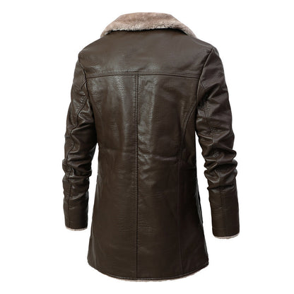 Plush Lapel Leather Jacket Winter Warm Fleece Single-breasted Coat For Men Long Clothing