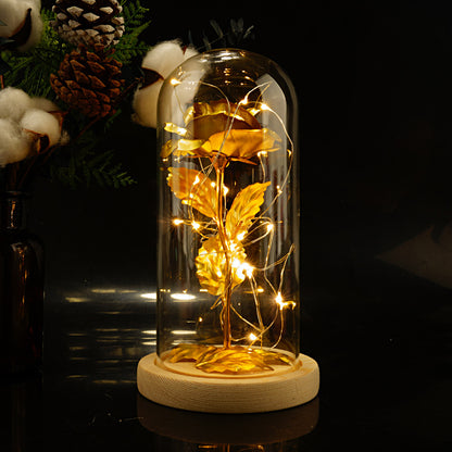 24k gold leaf rose flower little prince rose glass cover with LED light Christmas gift factory direct sales