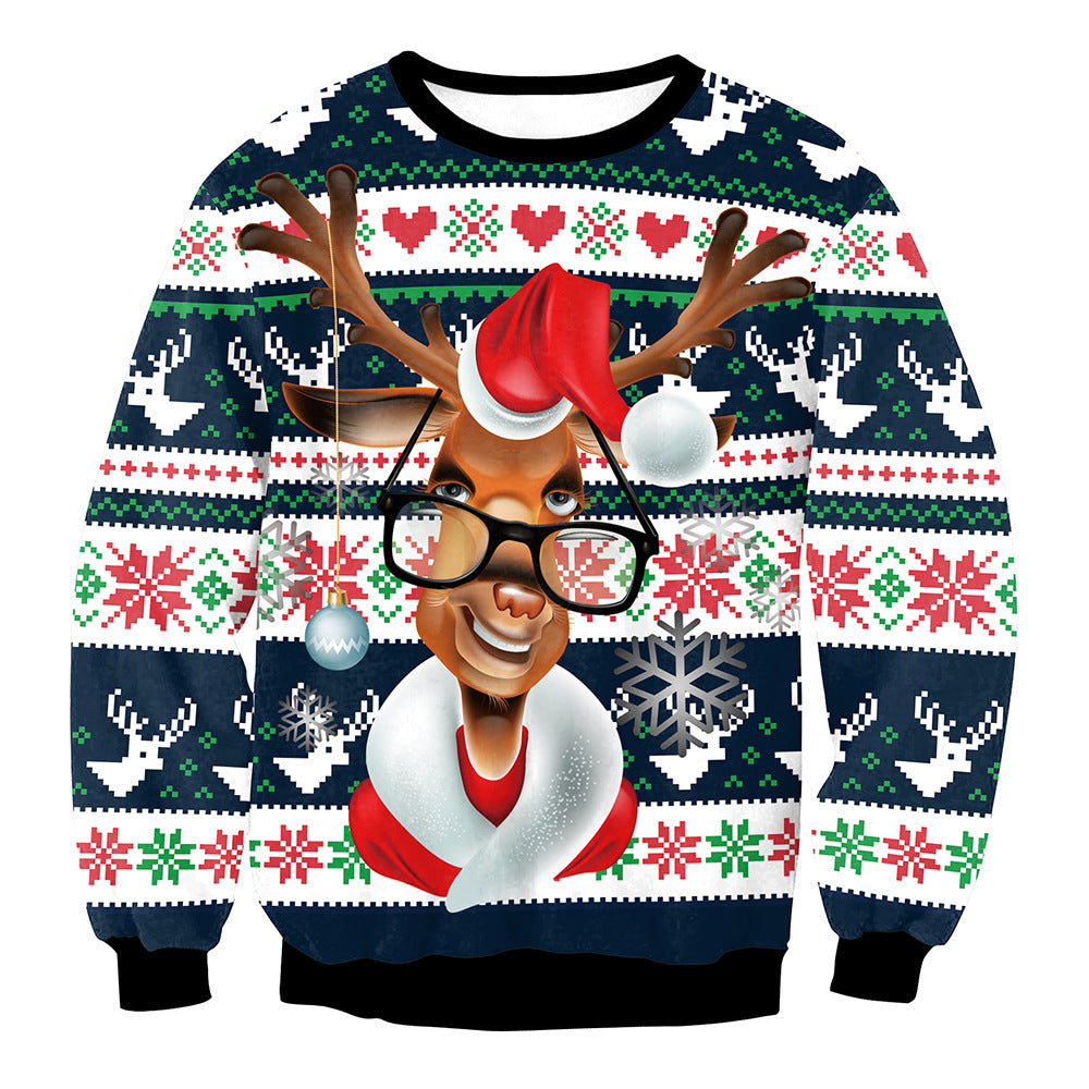 Mixed Color Elk Christmas Digital Printing Sweater Long Sleeve Coat