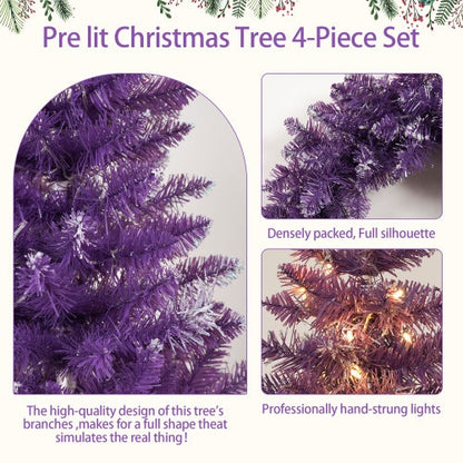 Pre-Installed Christmas Artificial Tree 4-Piece Set, Garland, Garland & 2 Entrance Trees Set, Christmas With LED Lights, PVC Festive Celebration Set, Purple