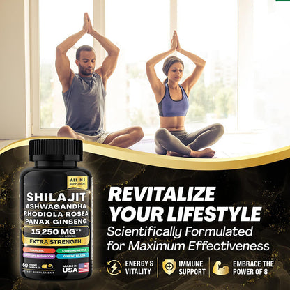 Shilajit Pure Himalayan 9000MG, Energy Booster Ashwagandha 2000MG, Rhodiola Rosea 999MG, Panax Ginseng 1500MG, Turmeric 500MG, Ginkgo Biloba 500MG, Stinging Nettle 250MG Cordyceps Mushroom 500