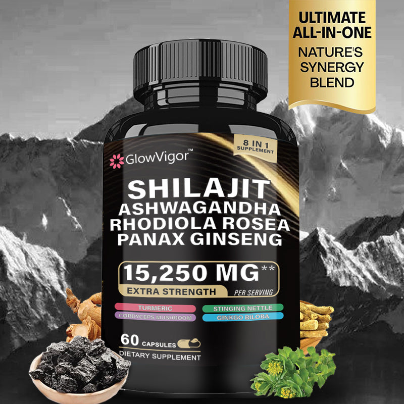 GlowVigor Shilajit 9000 Panax Ginseng 1500MG Ashwagandha 2000MG Rhodiola Rosea 999MG, Turmeric 500MG, Gingko Biloba 500MG, Stinging Nettle 250MG