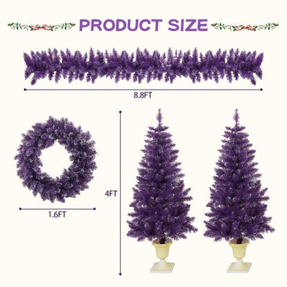 Pre-Installed Christmas Artificial Tree 4-Piece Set, Garland, Garland & 2 Entrance Trees Set, Christmas With LED Lights, PVC Festive Celebration Set, Purple