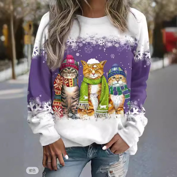 Cross-border Women's Christmas New Snowman And Cat Printed Long Sleeve Casual Loose-fitting T-shirt Christmas Supplies