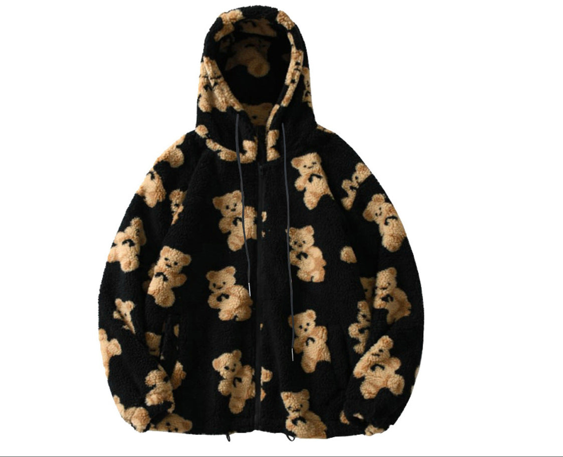 Autumn and winter women's hooded thickened casual sweater cartoon pattern bear zipper pocket plush sweater female spot