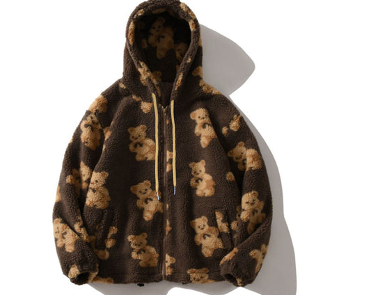 Autumn and winter women's hooded thickened casual sweater cartoon pattern bear zipper pocket plush sweater female spot