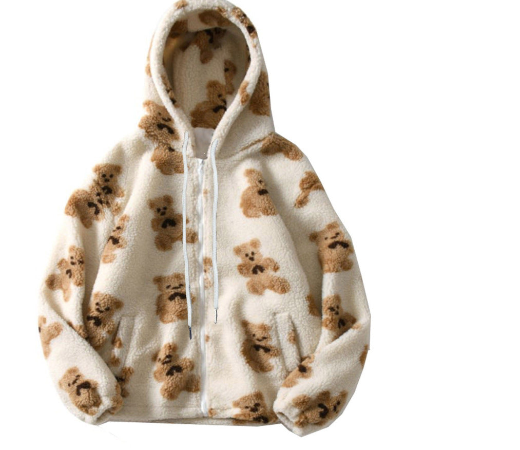 Autumn and winter women's hooded thickened casual sweater cartoon pattern bear zipper pocket plush sweater female spot