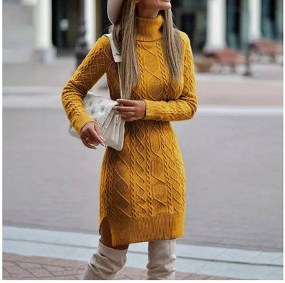 Fashion Turtleneck Knitted Dress With Slit Design Winter Warm Solid Color Pullover Long Sweater Women's Clothing