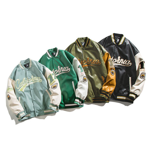 New Trendy Brand Baseball Uniform Men's Stitching PU Leather Jacket