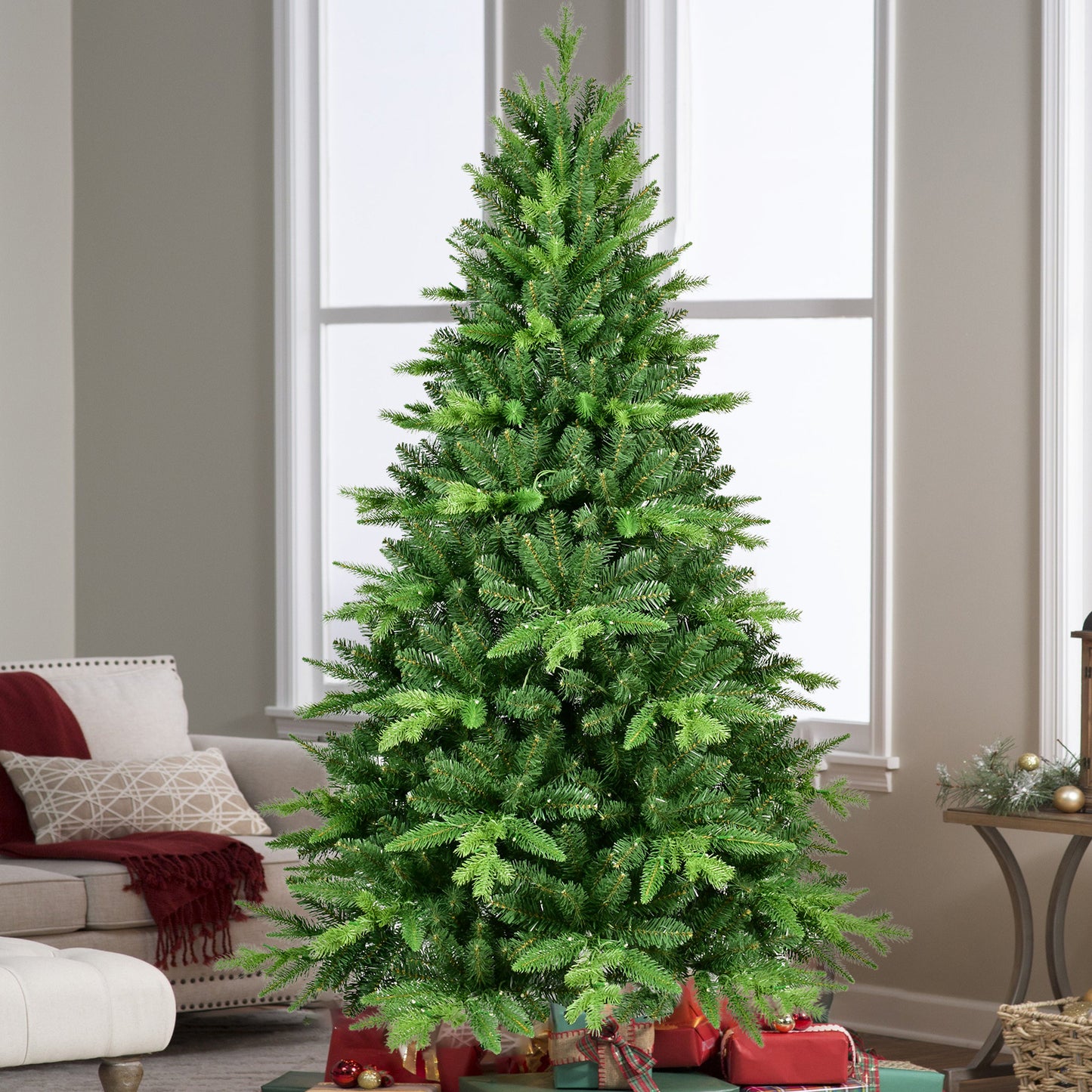 6 Feet PE & PVC Christmas Tree With Lights, Unique Christmas Tree Pre-lit 1228 Branch Tips, 350 Warm White LEDs And Metal Brackets, Art Christmas Tree