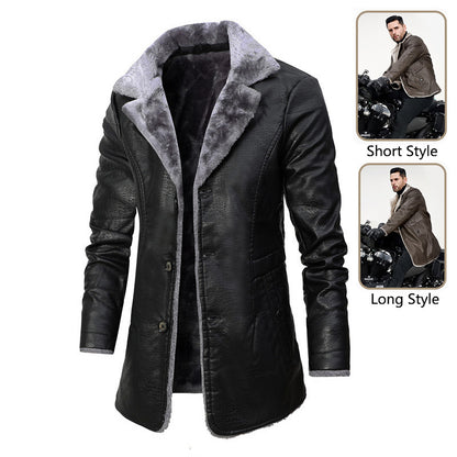 Plush Lapel Leather Jacket Winter Warm Fleece Single-breasted Coat For Men Long Clothing